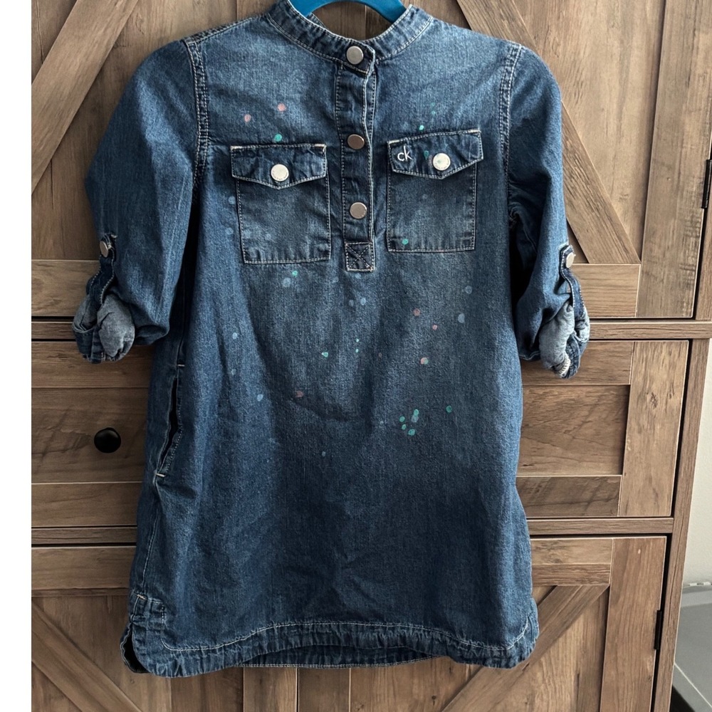 Calvin Klein Jeans Girls Blue Denim Paint Splatter Shirt Dress Size 5 LS